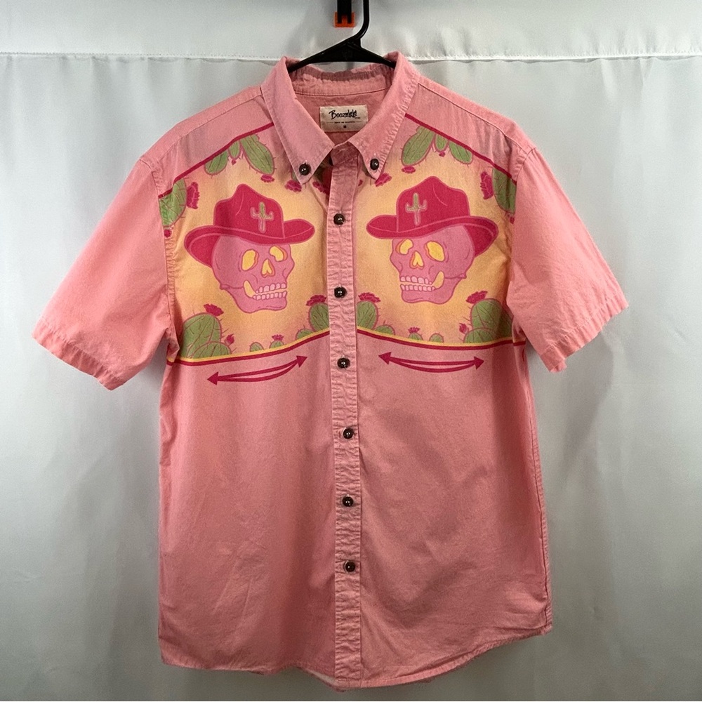Boozelele Shirt Men Medium Pink Skull Western Cowboy with Cactus Shirt